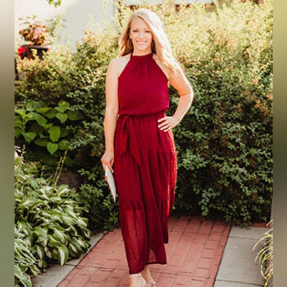 PRETTYGARDEN Women’s Halter Neck Long Backless Ruffle Dress Belt (Wine Red, M) - Picture 1 of 16